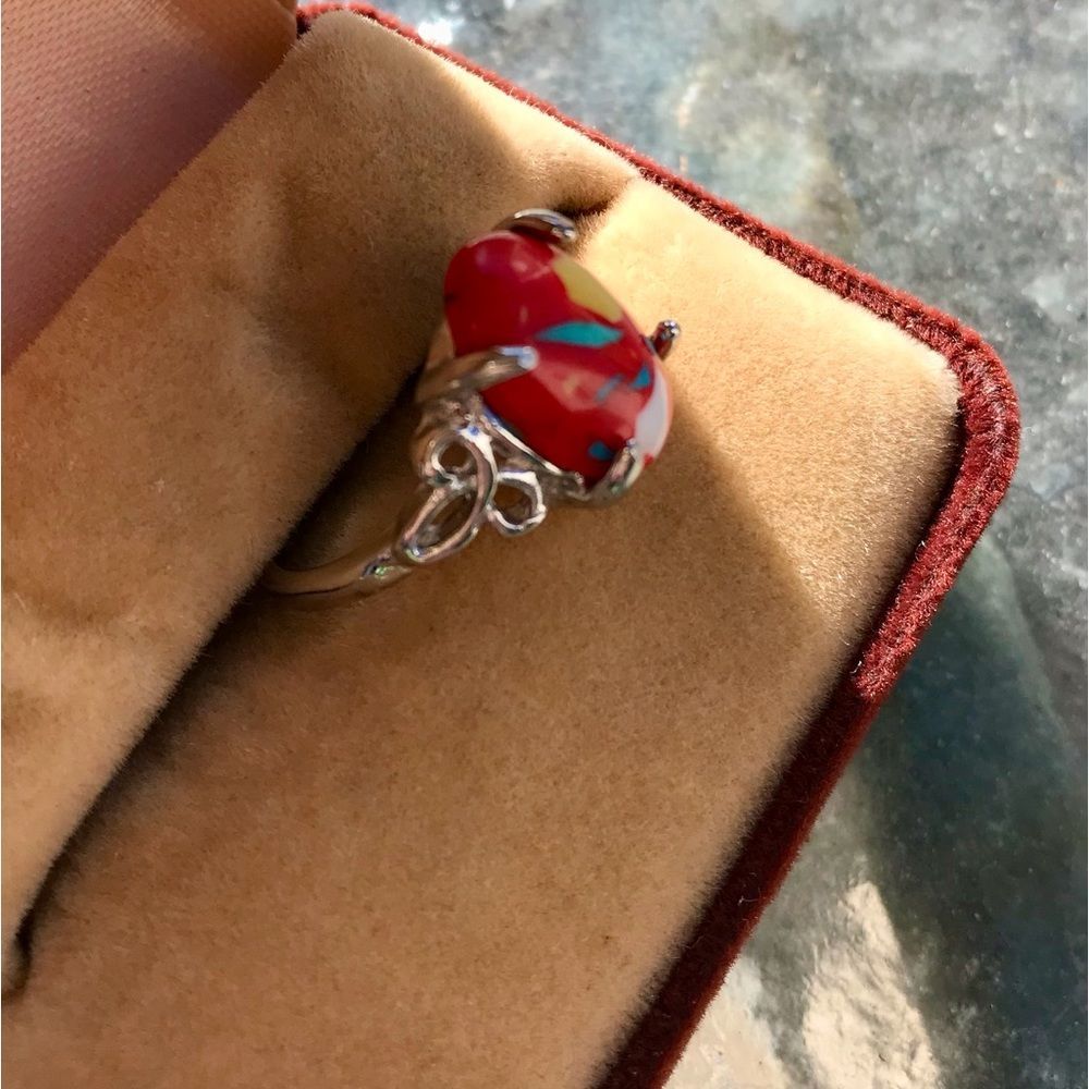 Red Coral Ring with Silver Toned Setting & Band - Picture 6 of 7
